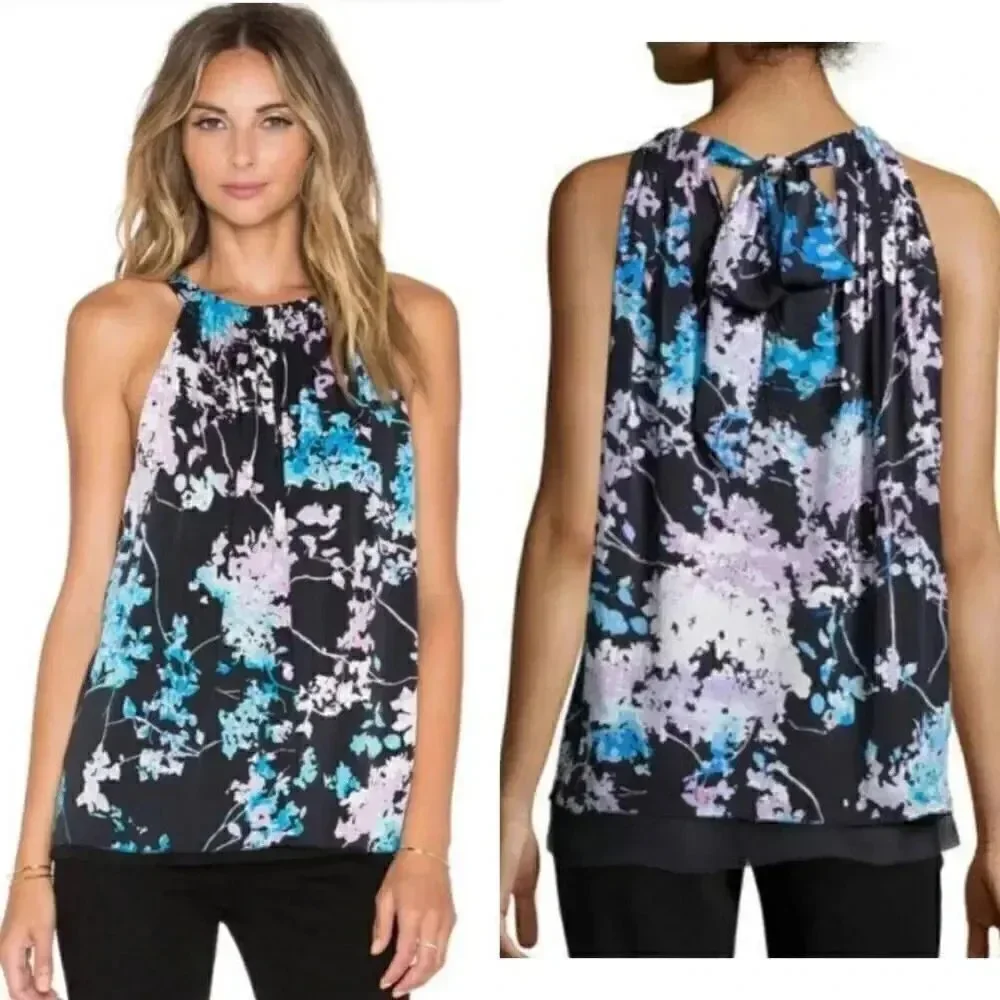 Diane von Furstenberg DVF Lexi Floral Silk Daze Sky Mauve Top Black S $298